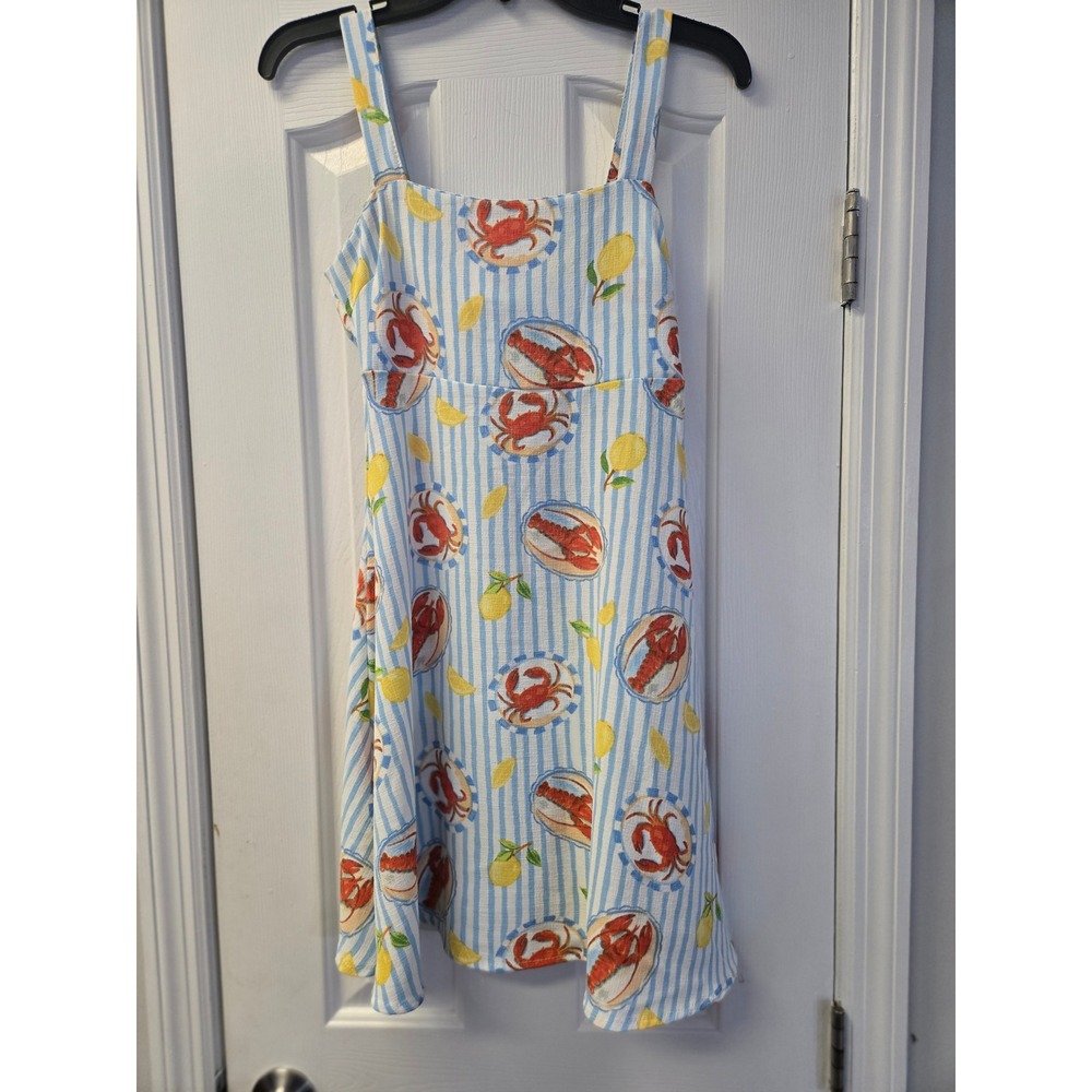 Blue White Stripe Lobster Crab Lemon Tie Back‎ Sundress Coastal Resortwear Small